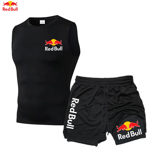 Red Bull Compression Tank Tops Sportswear Set Fitness Suit For Men Quick Dry Compression Shirt+Gym Shorts 2 Pcs Running Workout